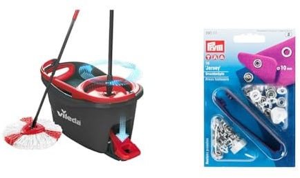 Vileda Turbo Microfibre Mop And Bucket Set, Spin Mop For Cleaning Floors, Set Of 1 Mop And 1 Bucket & Prym Non-sew Press Fasteners Jersey Brass pronged Ring White 10 mm