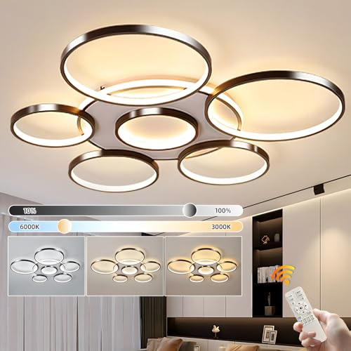 YYUTLUO Moderne LED Deckenleuchte, Ø110cm Schwarze Multi Kreislampe, 120W Stufenlos Dimmbar 3000–6000K Runder Kronleuchter Aus Metall + Acryl Schlafzimmer Wohnzimmer Kinder Büro Arbeitszimmer(7 Ringe)