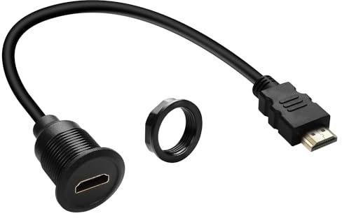 QIANRENON HDMI Flush Mount HD Display Short Cable Adapter 1080P HDMI 1.4 Male to Female Threaded Fixed Panel Mount Projector Connector Extension Cable, for Car/RV/Boat Dashboard Desktop, 30cm/11.8in