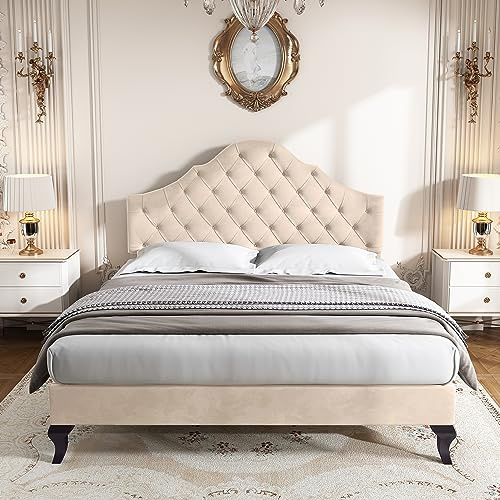 Sapgaks Lit 140x190 avec sommier à Lattes et tête de lit,Cadre de lit capitonné 140x190 avec tête de lit réglable en Hauteur,Double,pour Adultes et Adolescents,Velours,Beige