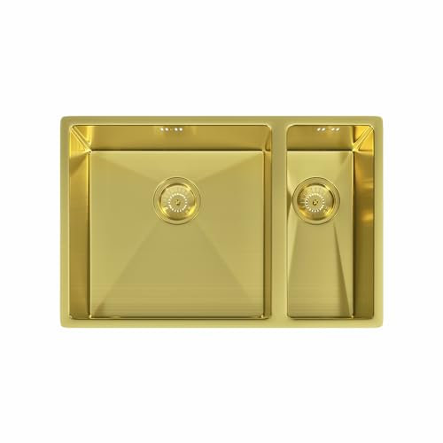 Möckeln | 1.5 Bowl Stainless Steel Kitchen Sink | Inset or Undermounted | Strainer Wastes Supplied 670mm x 440mm x 200mm (Brushed Brass)