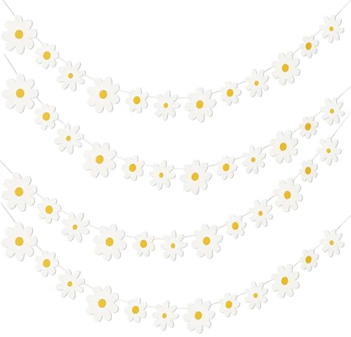 THETAG 4 Stück Weiße Gänseblümchen Banner, Blumen Deko Geburtstag Banner 3 Größen von Blumen Sommerparty Frühling Blume Papier Girlande für Raumdekoration Fotografie Geburtstagsparty Zubehör