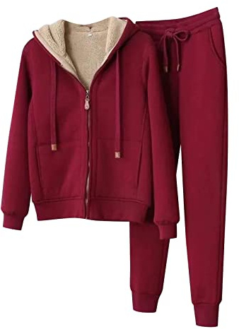 MJGkhiy Tuta Donna In Pile Con Cerniera Invernale Caldo Felpata Completo 2 Pezzi Felpa Zip e Cappuccio e Pantaloni Felpati Tute da Ginnastica in Pile Vello Foderato Completa Sportiva Abbigliamento