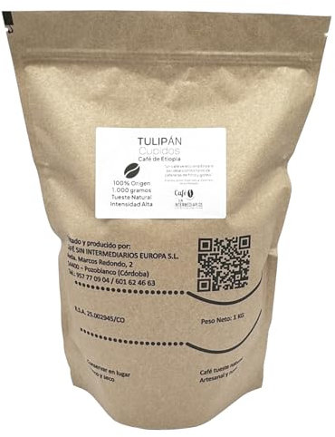 Caffè Etiopia - Tulipano Pacchetto da 1 Kg Macinatura e tostatura settimanale appena macinato, preparato e confezionato | Intensità di sapore alto (In Grani per Superautomatica, 1Kg)