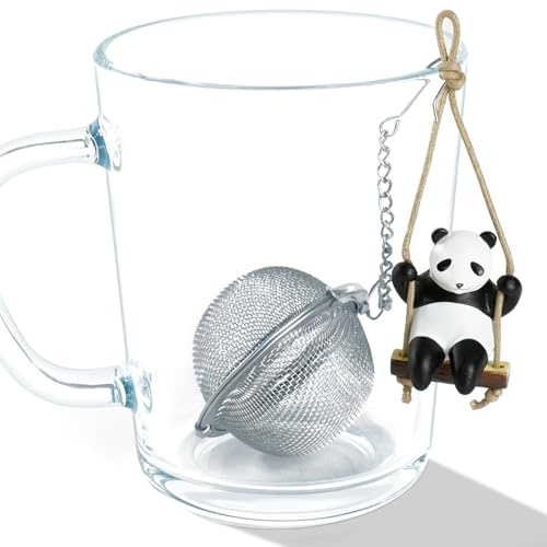 Lesnorry Calico Cat Tea Infuser Set - Adorable Tricolor Kitty Hook, Fine Mesh Loose Leaf Tea Steeper, Stainless Steel, No Mess, 1 Pack (Panda Swinging on Your Teacup)