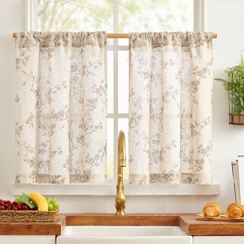 TOPICK Taupe Floral Kitchen Curtain 2 PCS, Linen Look Cafe Curtains W26xL36