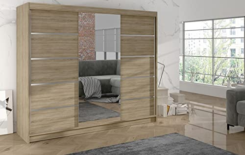 Easy4You London 200 cm Sliding Door Sonoma Wardrobe with Mirror Widths 100/120/150/180/200 cm Furniture for Bedroom Living Room Wardrobe with Hanging Rail