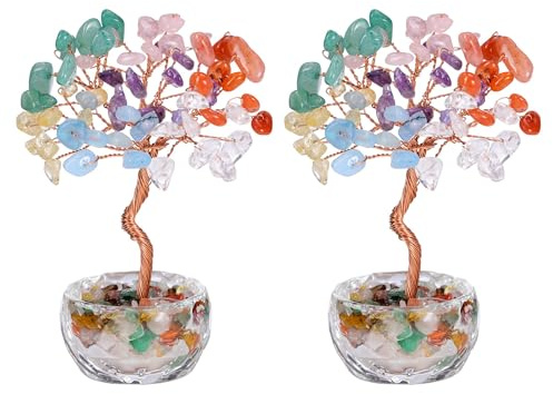 JSDDE 2er Chakra Feng Shui Baum Kleine Lebensbaum Deko Heilsteine Edelsteine Baum Geldbaum Kristallbaum Glücksbringer Spirituelle Feng Shui Deko