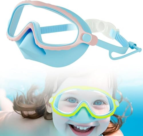 Kids Swim Goggles with Nose Cover, Anti-Fog Child Diving Goggles Leak-Proof with Fabric Strap for for Children & Teens 3-15 Years,Clear Wide Vision, Waterproof (Light Blue)