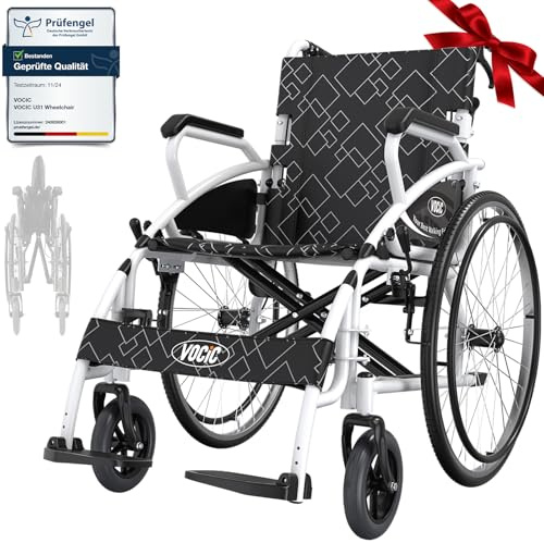 VOCIC U31 Rollstuhl Faltbar Leicht Transportrollstühl bis 150KG,Doppelbremsen Design RollstüHle mit Selbstantrieb für Senioren(17.5kg),Reise-Rollstuh mit 60cm Groß Hinterrad (Weiß)