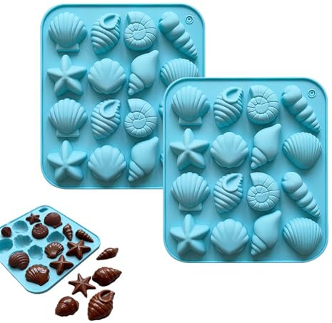 EULAPGOE Moldes de Silicona para Fondant Marinos 2 Unidades con Formas de Conchas, caracolas y Estrellas, Azul, 17.5x15.5 cm para Chocolate, repostería y Manualidades