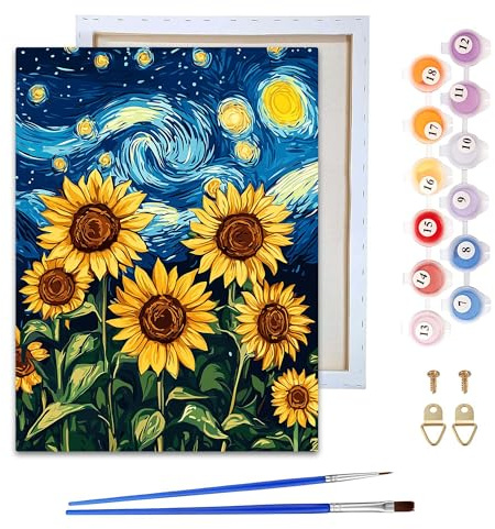 Reofrey Enmarcado Pintura por Numeros Adultos Girasol Cielo Estrellado - 20x30cm Cuadros Para Pintar Por Numeros Incluye Pinceles Y Acrílicos - Arte Relajante Para Principiantes, Decoración Del Hogar