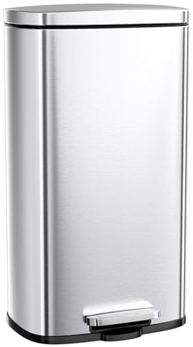 Clevich Poubelle 50 l en acier - Grande poubelle à pédale avec couvercle Soft-Close, pédale et seau intérieur amovible en plastique - Pour cuisine, salle de bain, bureau - Argenté