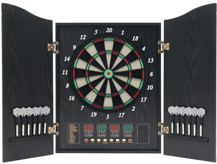 Elektronische Dartscheibe Professional, Dartscheiben mit Tür, 12 Darts + 88 Pfeilspitzen, 243 Spielvarianten, LED-Anzeigen, bis zu 16 Spieler
