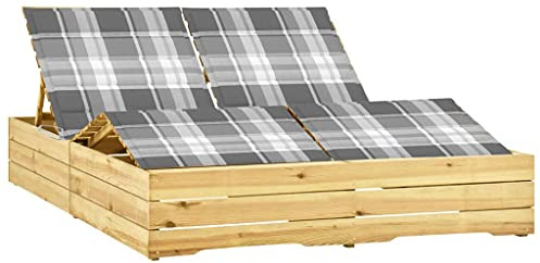 Qnhdfrt Doppel-Sonnenliege Kiefernholz 198x135x75 cm verstellbare Rückenlehne graues Karokissen robuste Gartenliege für Balkon Terrasse und Camping