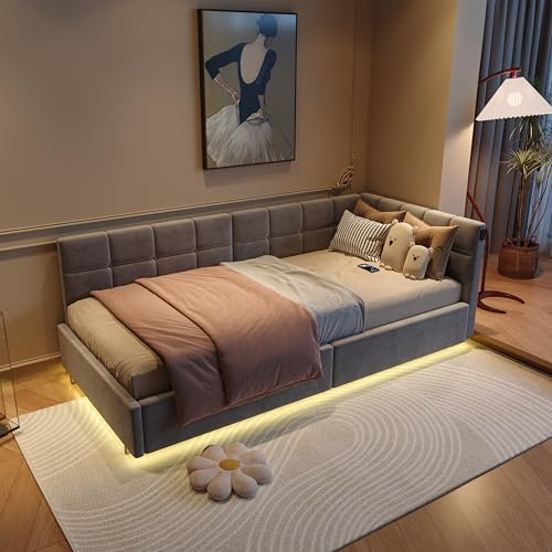 Polsterbett Tagesbett Einzelbett 90x200,Hydraulisch Stauraumbett,Kinderbett LED-Kopfteil mit USB und Typ-C,Sofabett Jugendbett,Polsterbett Kinderbett,Einzelbett,Ohne Matratze (Grau+Samt, 90x200)