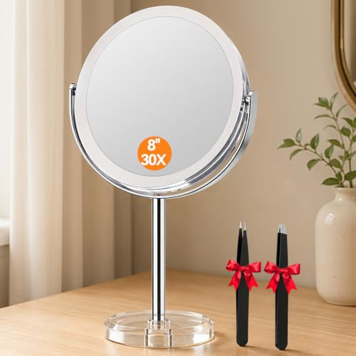 Auxmir Espejo Maquillaje con Aumento 1X/30X Doble Cara de Mesa Baño, Giratorio 360°para Afeitado Depilación Cejas Sobremesa Impermeable, Φ20cm