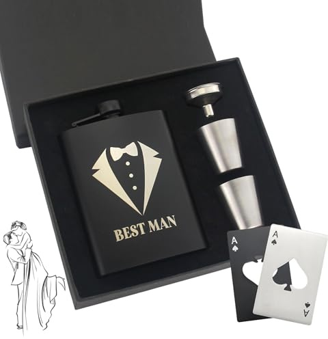 Medrialife Flachmann Mit Gravur Flachmann 8oz Edelstahl Geschenkset Schwarze Geschenkbox mit 2 Bechern und 1 Trichter Trauzeugen Geschenke Mann Hochzeitsgeschenk für Männer