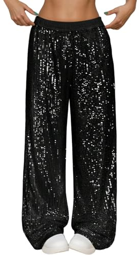 Jabidoos Pailettenhose Damen - Glitzer Hose Damen Lange High Waist Elegant Einfarbig Pailettenhose Weites Bein Freizeithose Glitzerhose Mit Elastische Bund Clubwear Streetwear Karneval Kostüm