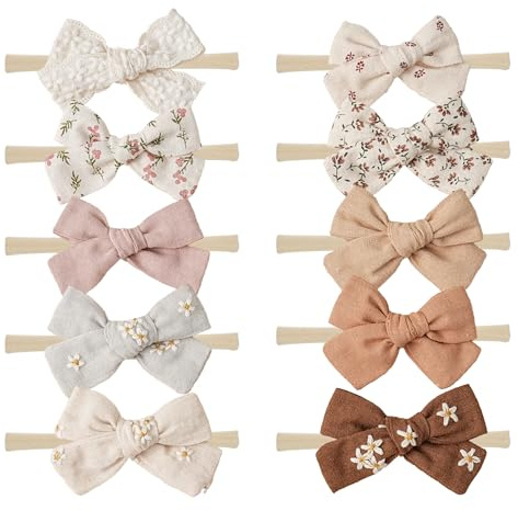 FANCY CLOUDS 10Pcs Baby Girl Headbands with Bows Nylon Hairbands Handmade Hair Accessories for Newborn Infant Toddlers Little Girls and Kids Gifts