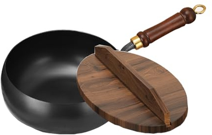 Loodion Cast Iron Pot - Uncoated Thick Iron Pot, Hand Hammered Non Stick Frying Pan for Baking, Cooking, Stewing (24CM/9.45IN,with Wood Lid)