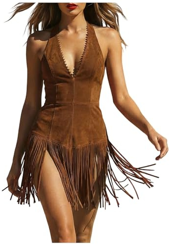 Générique Robe Femme Style Western Cowboy Rétro, Robe Mini Halter en Daim Suédine à Franges, Col V Profond, Sexy et Élégante, pour Soirée, Festival, Fête à Thème et Sorties Bohème