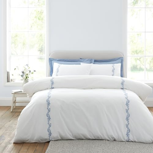 Bianca Camille Embroidered Floral 200 Thread Count Cotton Double Duvet Cover Set with Pillowcases White/Blue