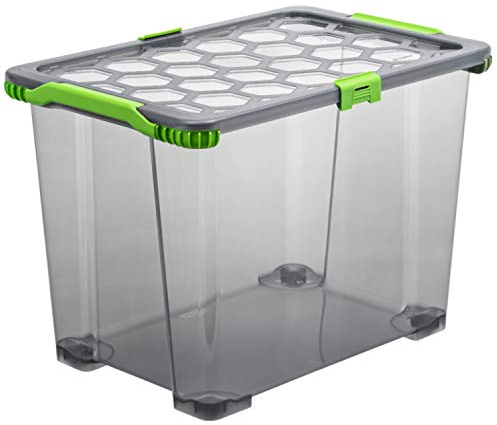 Rotho Evo Total Protection Aufbewahrungsbox mit Deckel 65 L mit Rollen Grün | Aufbewahrungsboxen, wetterfester Verschluss mit Gummidichtung, stapelbar, robuste Rollen, transparent, lebensmittelecht