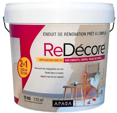 APARA Enduit décoratif, rénovation rapide, 2 en 1, lisse et décore sur plâtre, peintures, crépis, fibres, toile de verre 15 Kg Blanc