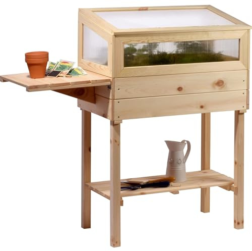 dobar® 58397e erhöhtes Frühbeet aus Massivholz Gr. M | Hochbeet mit Frühbeetaufsatz | Frühbeetkasten mit Ablagefläche & ausklappbarem Tisch | Pflanzkasten mit Gewächshaus | 116 x 40 x 110 cm | Natur