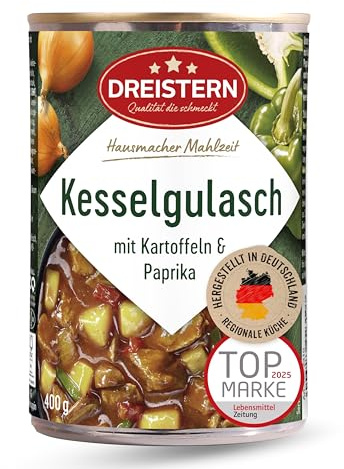 DREISTERN Kesselgulasch 400g I Mit Kartoffeln & Paprika I Herzhaftes Fertiggericht in recyclebarer Konservendose I Lange Haltbarkeit dank natürlicher Konservierung I Hausmacher Qualität