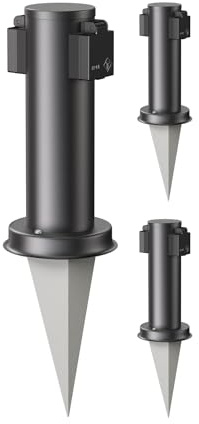 ledscom.de 3 pzas. Toma de jardín PORU con piqueta de Tierra para Exteriores, 2 Polos, Acero Inoxidable, Negro, Redondo, 27cm