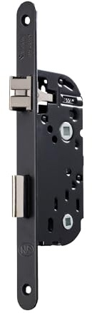 Vachette Einsteckschloss, NF-Zertifiziert, Stufe 2, Achse bis 40 mm, Kastengröße 135 mm – D23 – umkehrbar ohne Demontage, Stulp mit rundem Ende, Verriegelung 1 Umdrehung – Badezimmertür, WC – Schwarz