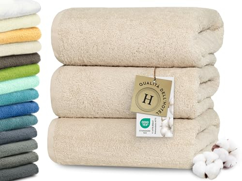 ZOLLNER 3er Set Duschtücher in 70x140 cm - besonders weiche und saugstarke Handtücher in beige - mit praktischem Aufhänger - waschbar bis 95°C - Baumwolle - Hotelqualität
