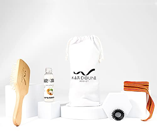 Kit completo lisciatura naturale senza calore con un Kardoune autentico 5M, olio di cocco biologico da 60 ml, spazzola per capelli in legno naturale, elastico anti-rottura, spina tutoriale