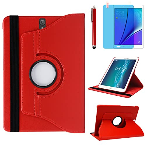 Hülle für Samsung Galaxy Tab S3 9.7'' 2017 (SM-T820 SM-T825 SM-T827), 360 Grad drehbarer Ständer Smart Schutzhülle,Mit Stylus Pen,Bildschirm Film (Red)