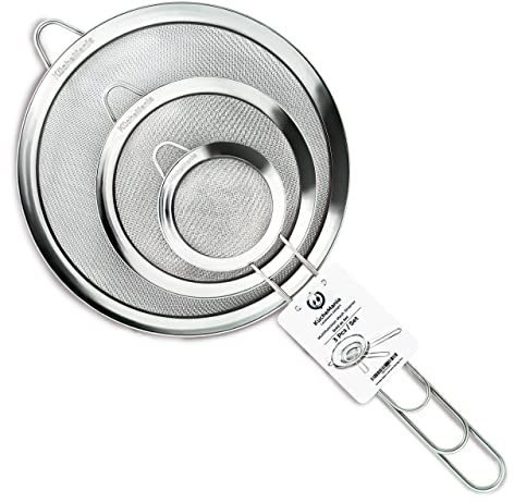 Küche Mania Stainless Steel Sieve Set - Strong, Sturdy Handles Set of 3 Sieve Mesh, 7cm, 12cm, and 18 cm Stainless Steel, Rust Free Strainers and No Sharp Edges (set of 3)