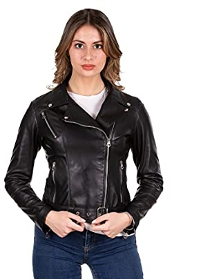 Pelletterie Borghese | Chiodo in Pelle Nero Donna | Biker | Giacca in Pelle | Giubbotto Moto | Cintura | Vera Pelle | Made in Italy | A196C 09