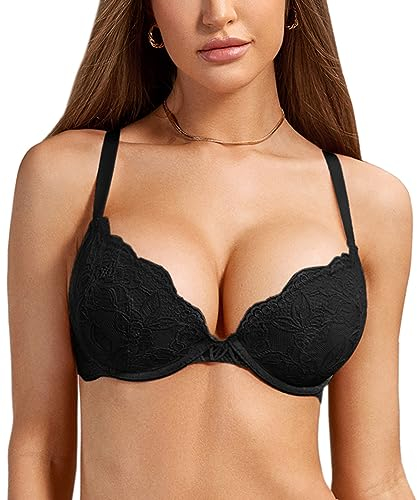 DOBREVA Damen Push Up BH Mit Spitze Gepolstert Plunge Bügel Vollschalen BHS Gemoldete Cups Schwarz 90D