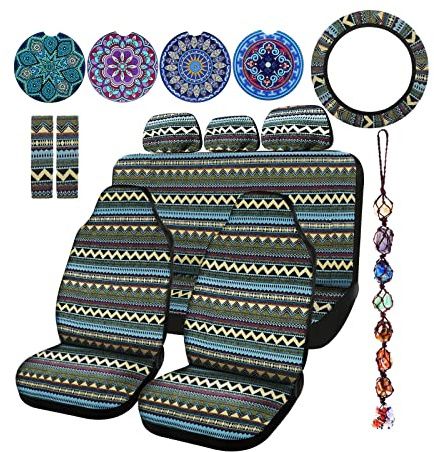 Frienda Baja Autositzbezüge, komplettes Set, Mehrfarbig, gestreift, Boho-Druck, Lenkradbezug, Sicherheitsgurtbezug, Kristall, hängende Ornamente, Autohalter, passend für (Bohemia-Stil)