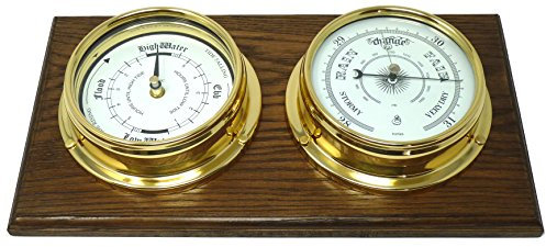 Tabic Classic Tide Clock and Traditional Barometer mounted on an English Oak Mount, Heavy Laquered Brass Cases (1/2kg each), Weather Tidal Clock, Handmade in England