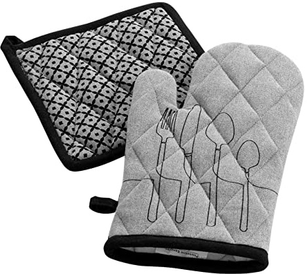 douceur d'intérieur, Ofenhandschuh und Topflappen (18 x 28 cm/20 x 20 cm) Küche, Grau, China, recycelte Baumwolle, Bedruckt