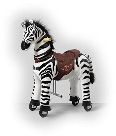 PONNIE Reitpferd mit Rollen Dixi Zebra S (3-6 Jahre), Spielpferd zum Reiten mit Abnehmbarer Braun Sattel und Halfter mit Zaumzeug, Kämmbare Mähne und Schwanz, Plüschpferd zum Reiten für Kinder PRO