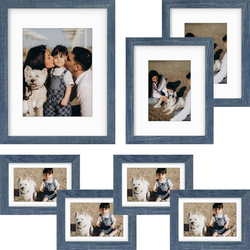 Frametory, Galerie-Wandrahmen-Set, 7 Stück, mehrere Größen, 28 x 35 cm, 20 x 25 cm, 12 x 17 cm, Bilderrahmen-Collage mit Passepartout für Drucke, mit Echtglas (Blau)