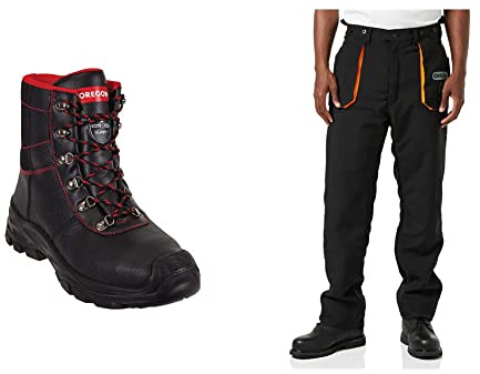 Oregon Sarawak Klasse 1 Kettensägen-Schnittschutzstiefel aus Leder, Stahlkappen, Größe 43 & Yukon Kettensägen-Schnittschutzhose, Typ A Klasse 1, Größe M (EU 46-48) (295435/M)