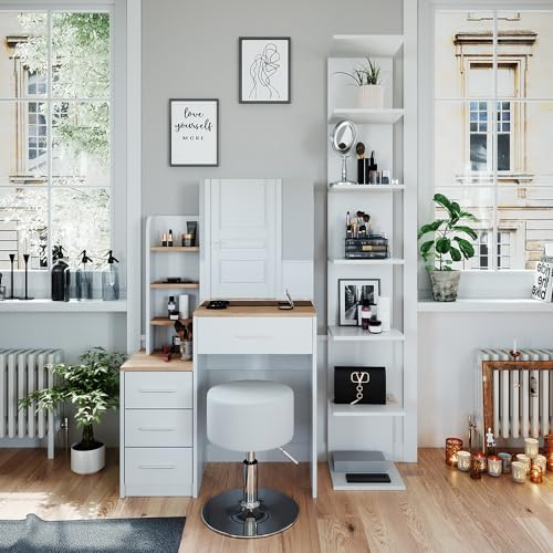 Vicco Schminktisch Conrada, Weiß/Sonoma, 80 cm | mit Hocker, geeignet zur Organisation von Kosmetikartikeln und Accessoires