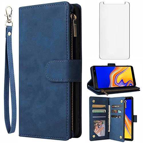 Asuwish Handyhülle für Samsung Galaxy J4 Plus 2018 Hülle mit Folie Schutzfolie und Kartenfach Klappbar Leder Geldbörse Ständer Reißverschluss J4+ Core J 4+ + SM-J415FN Handy Hüllen Schutzhülle Blau