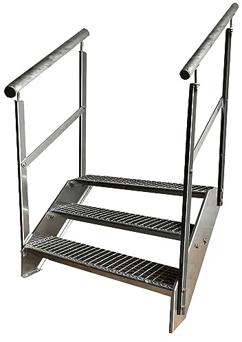 Kaminbau Mierzwa Premium Stahl Treppe Beidseitiges Geländer Verzinkt 3 Stufen (Breite 800 mm) (Höhe 57 cm) Wetterfest Gitterroststufe Gartentreppe
