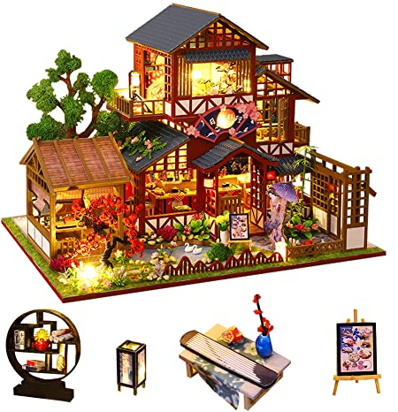 hvmabeck Japanischer Stil Retro Villa Puppenhaus Miniatur mit LED-Licht, DIY Holz Puppenhaus Möbel Kit, 1:24 Maßstab Kreativer Raum für Geburtstag GIF