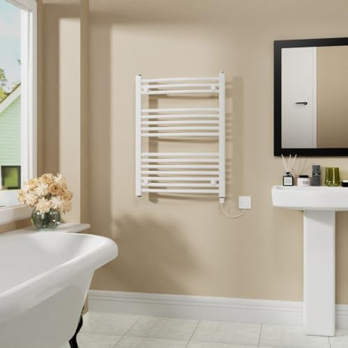 Warmehaus Electric Heated Towel Rail Curved White 800x600mm - 400W | Prefilled, Bathroom Towel Radiator, Towel Warmer, Wall Mounted, Mild Steel, Energy Efficient